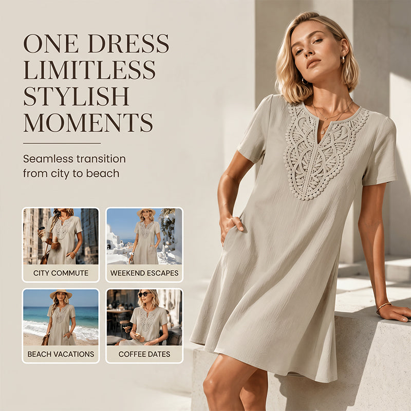 Robe-t-shirt à col en V en dentelle de style bohème pour femme