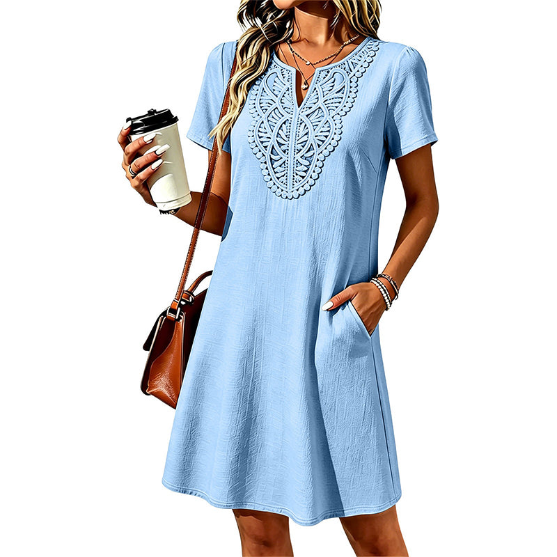Robe-t-shirt à col en V en dentelle de style bohème pour femme