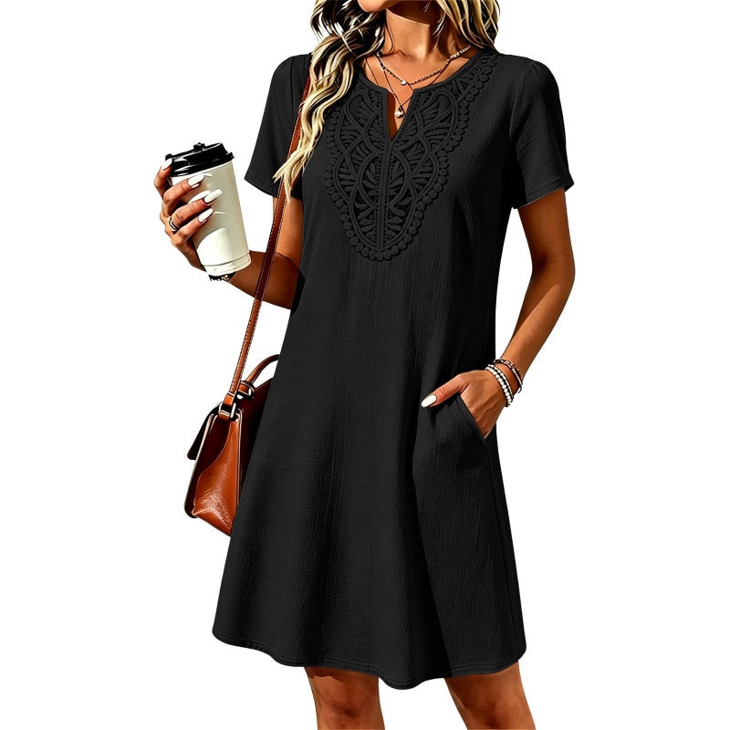 Robe-t-shirt à col en V en dentelle de style bohème pour femme