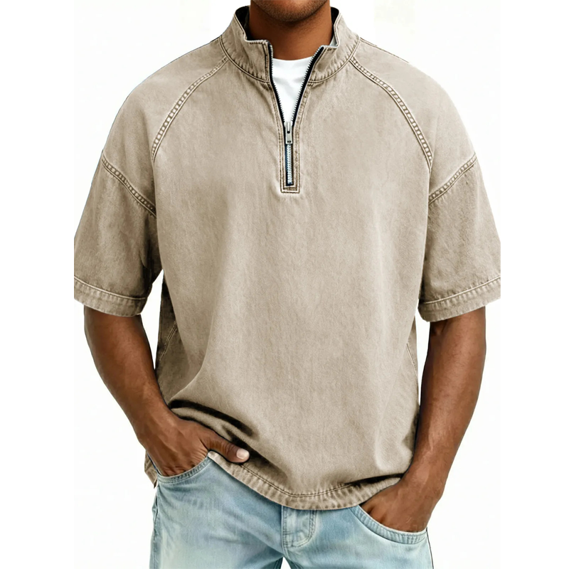 ⌛ Offre valable jusqu'à épuisement des stocks – ensuite prix normal ! T-shirt vintage en denim à demi-zip pour homme