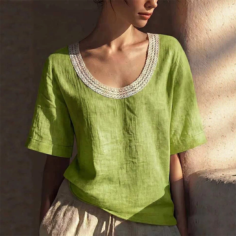 🌸👚 PROMO FLASH 50% ! Blouse d'Été Vintage Dentelle Femme – Col V, Détails Crochet Faits Main, Tissu Coton-Lin Respirant, 5 Coloris, Tailles XS-3XL ✨