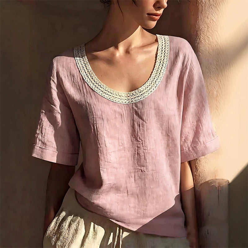 🌸👚 PROMO FLASH 50% ! Blouse d'Été Vintage Dentelle Femme – Col V, Détails Crochet Faits Main, Tissu Coton-Lin Respirant, 5 Coloris, Tailles XS-3XL ✨
