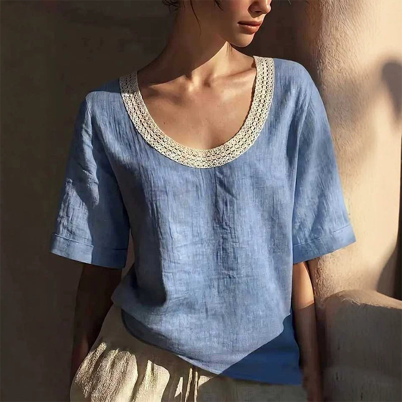 🌸👚 PROMO FLASH 50% ! Blouse d'Été Vintage Dentelle Femme – Col V, Détails Crochet Faits Main, Tissu Coton-Lin Respirant, 5 Coloris, Tailles XS-3XL ✨