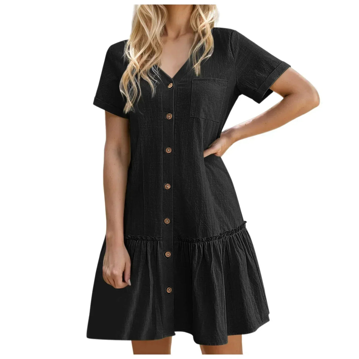 Robe à nouer pour femme, robe d'été ample en coton et lin, avec ourlet à volants, robe décontractée à manches courtes