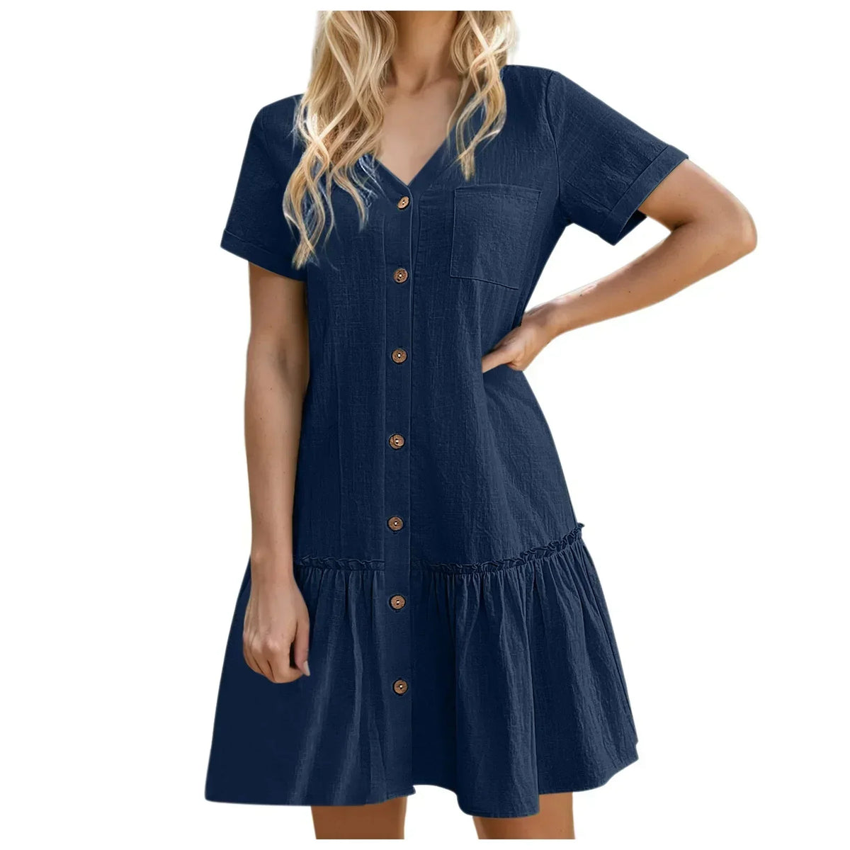 Robe à nouer pour femme, robe d'été ample en coton et lin, avec ourlet à volants, robe décontractée à manches courtes