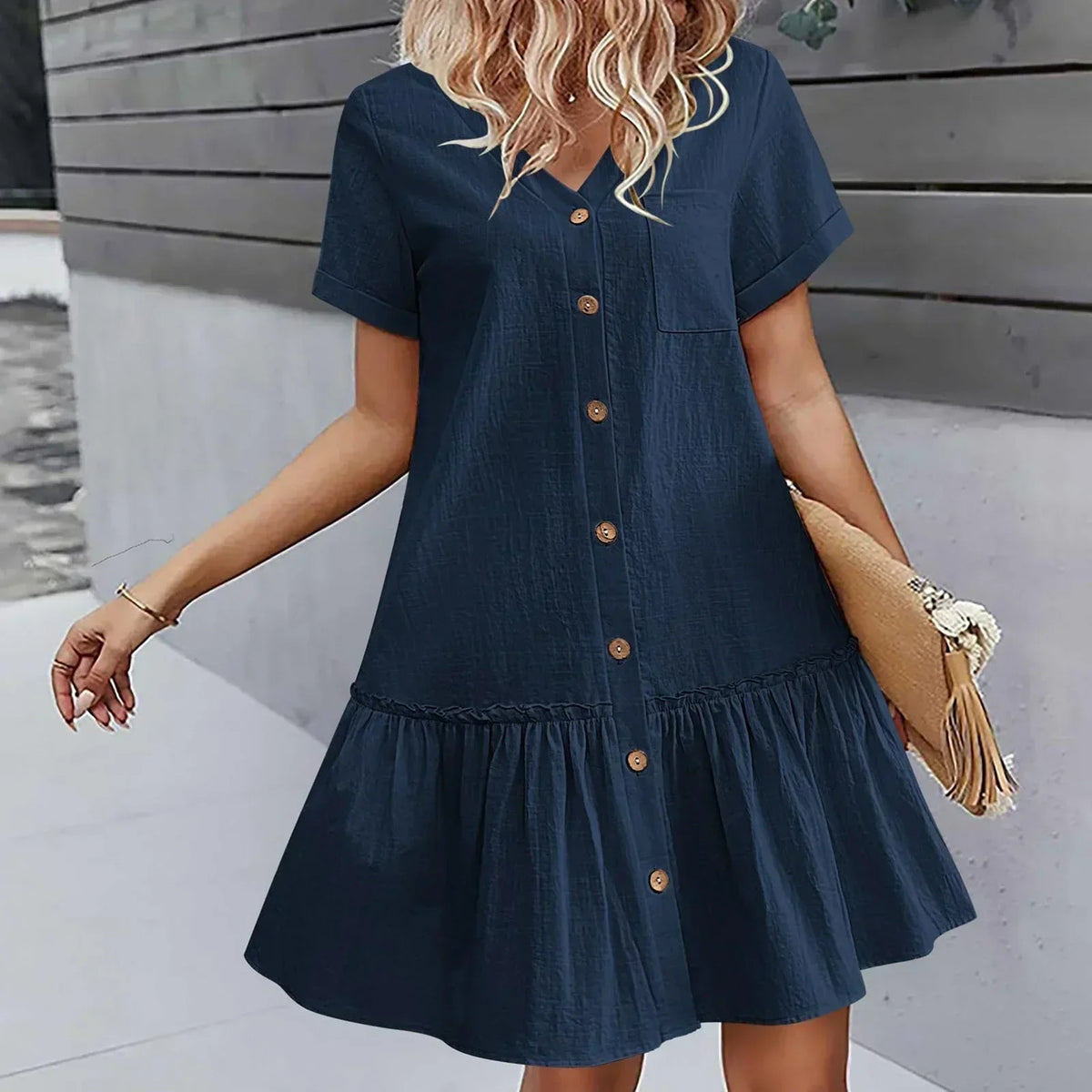 Robe à nouer pour femme, robe d'été ample en coton et lin, avec ourlet à volants, robe décontractée à manches courtes