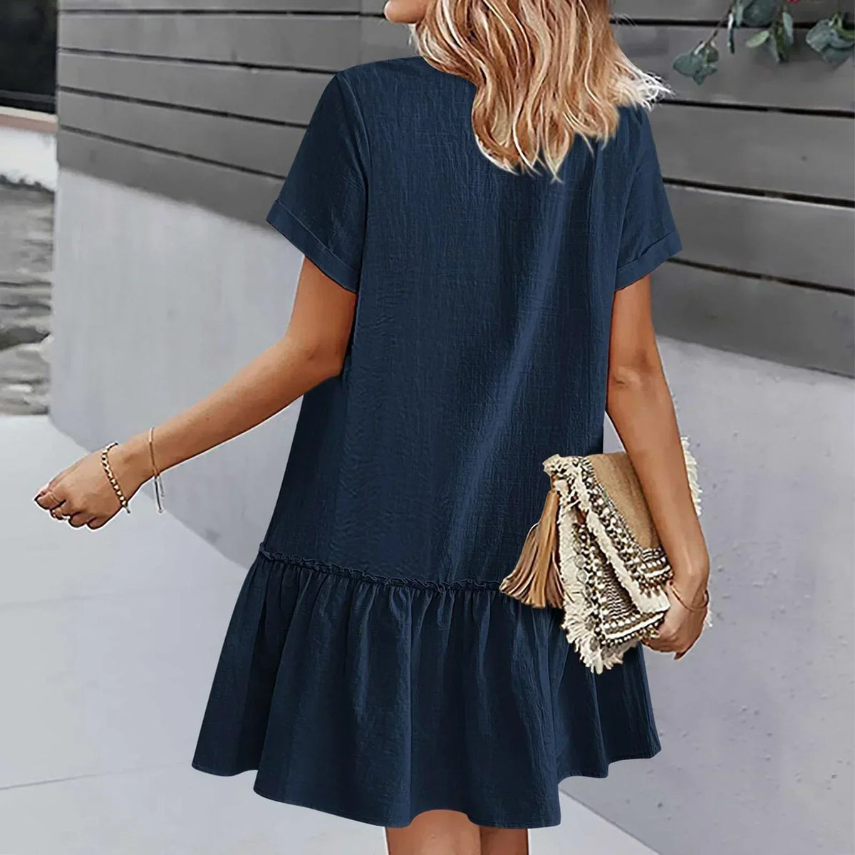 Robe à nouer pour femme, robe d'été ample en coton et lin, avec ourlet à volants, robe décontractée à manches courtes