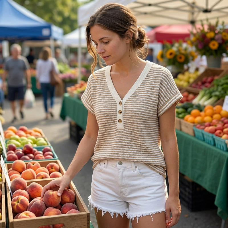Haut décontracté en maille à col en V et boutons pour femme