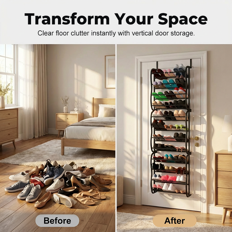 👟🔥Organisateur Chaussures Suspendu Porte – Jusqu'à 36 Paires Métal Robuste Stable, Étagères Inclinées Anti-Glissement Talons Bottes Baskets, Installation Sans Outils Secondes · 3 Coloris · 4-8-12 Étages ✨