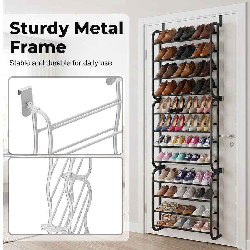 👟🔥Organisateur Chaussures Suspendu Porte – Jusqu'à 36 Paires Métal Robuste Stable, Étagères Inclinées Anti-Glissement Talons Bottes Baskets, Installation Sans Outils Secondes · 3 Coloris · 4-8-12 Étages ✨
