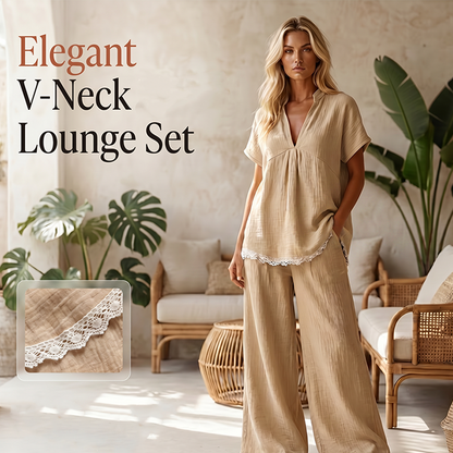 Ensemble d'intérieur pour femme composé d'un haut à col en V et d'un pantalon à jambes larges