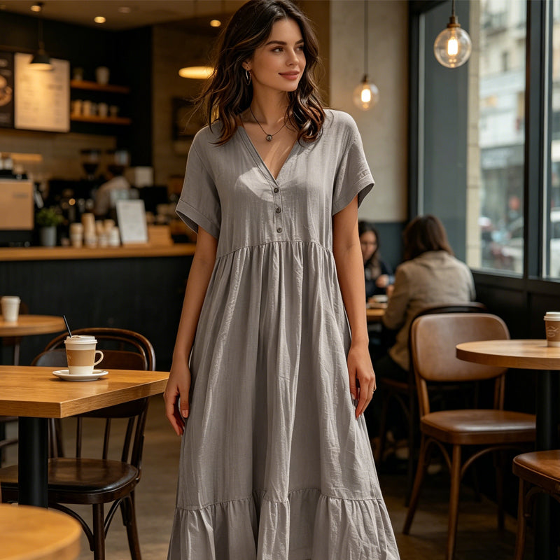 Robe midi femme à col V manches courtes et volants