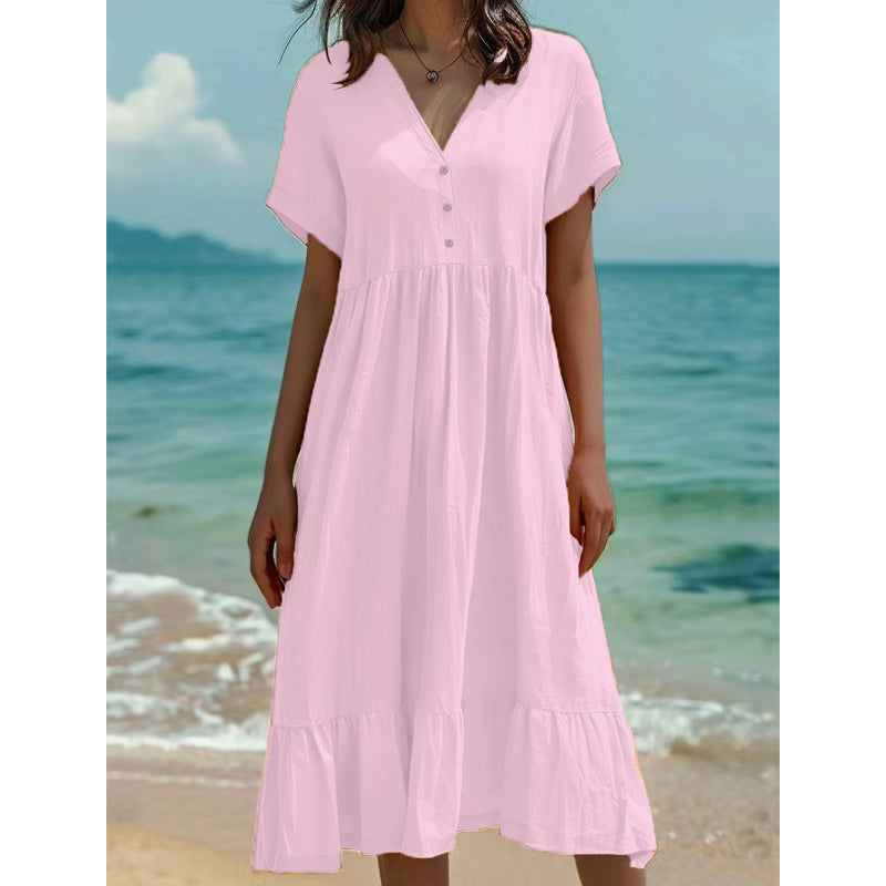 Robe midi femme à col V manches courtes et volants