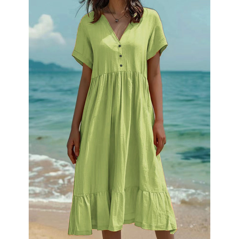 Robe midi femme à col V manches courtes et volants