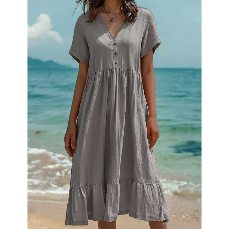 Robe midi femme à col V manches courtes et volants