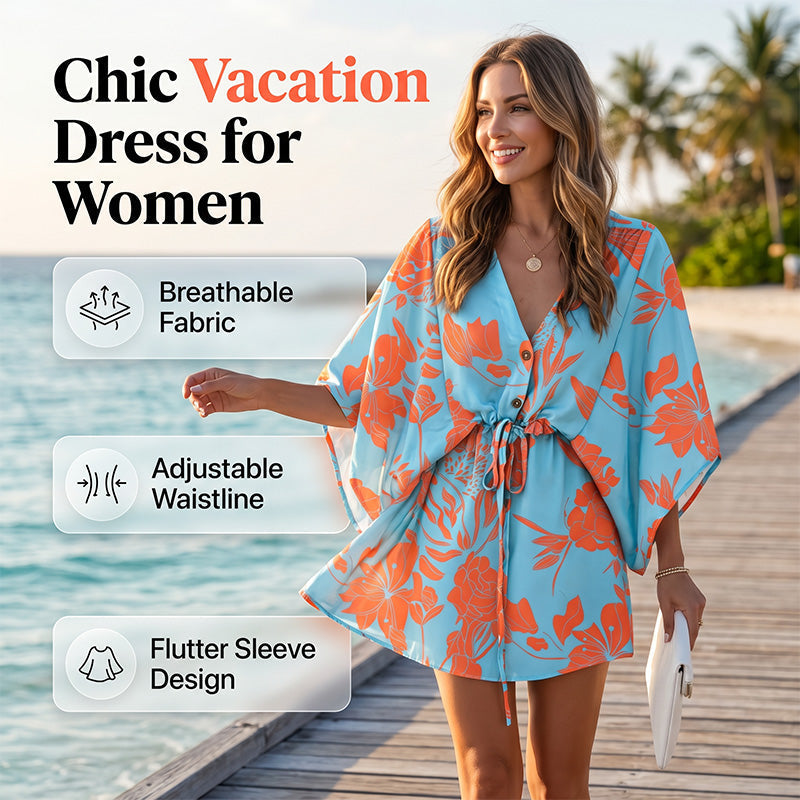 Robe d'été pour femme à col en V et manches flottantes, avec cordon de serrage