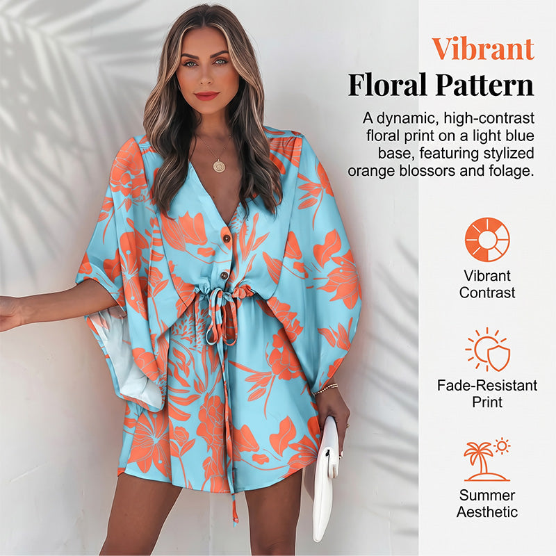 Robe d'été pour femme à col en V et manches flottantes, avec cordon de serrage