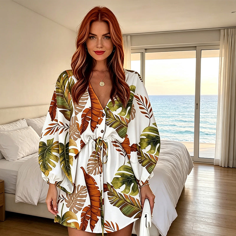 Robe d'été pour femme à col en V et manches flottantes, avec cordon de serrage