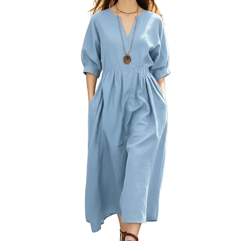 Robe longue décontractée à col en V et poches pour femme