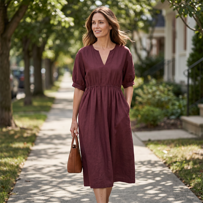 Robe longue décontractée à col en V et poches pour femme