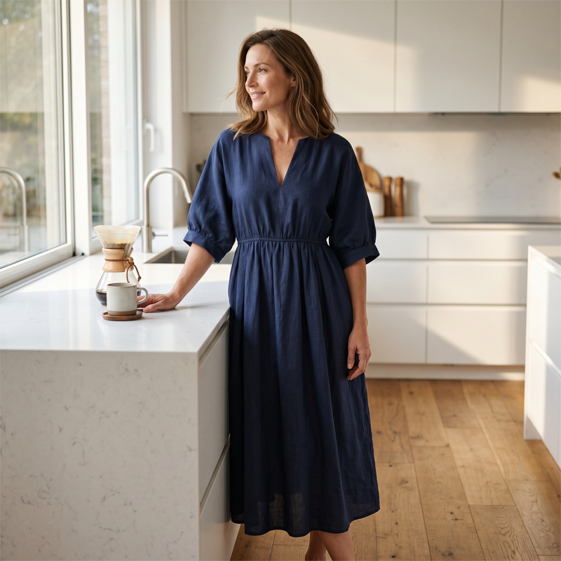 Robe longue décontractée à col en V et poches pour femme