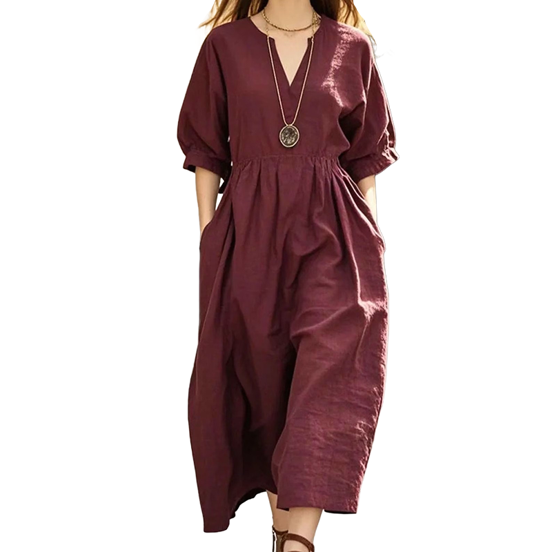 Robe longue décontractée à col en V et poches pour femme