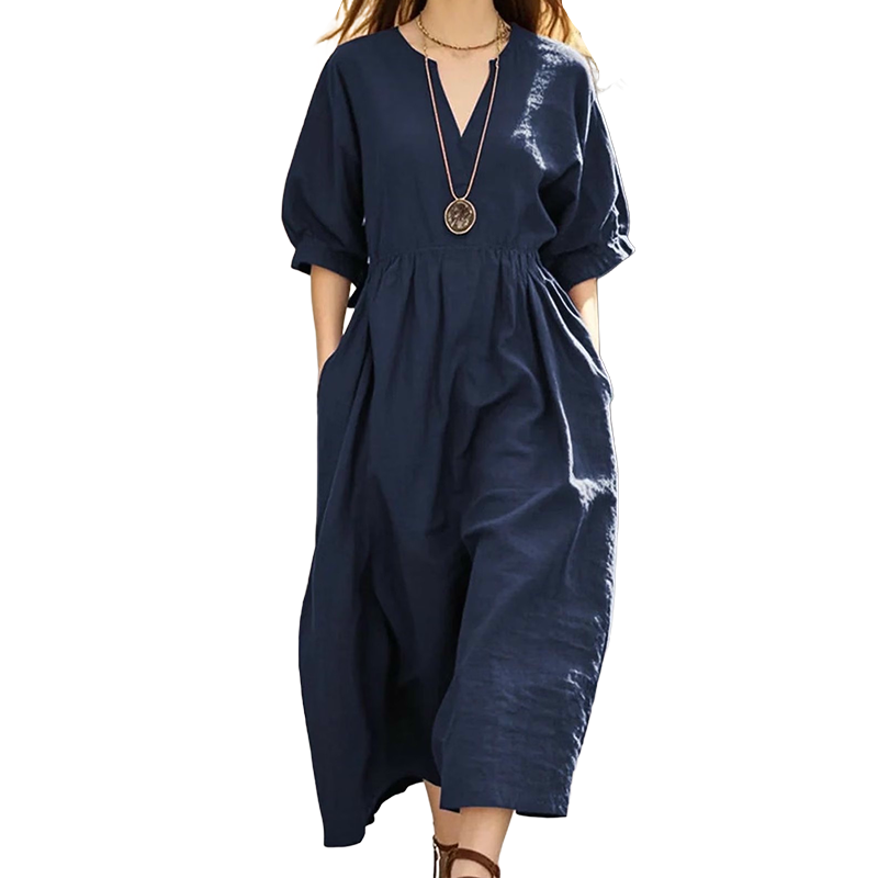 Robe longue décontractée à col en V et poches pour femme