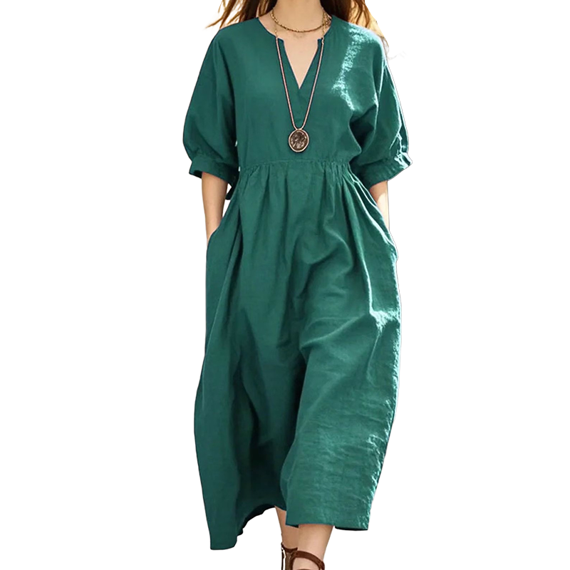 Robe longue décontractée à col en V et poches pour femme
