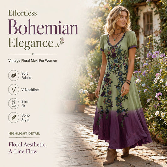 🔥Nouveautés et offres spéciales - Robe longue vintage à fleurs et col en V pour femme