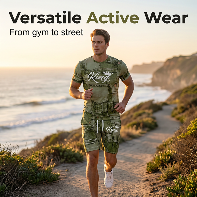 👕🩳🖤 OFFRE LIMITÉE 50% DE RÉDUCTION! Ensemble T-Shirt & Short Imprimé Faux Jean Décontracté pour Homme – Look Jean Classique Sans le Poids, Mélange de Coton Doux – Parfait pour la Détente, les Courses ou les Sorties du Week-end 🌟👟