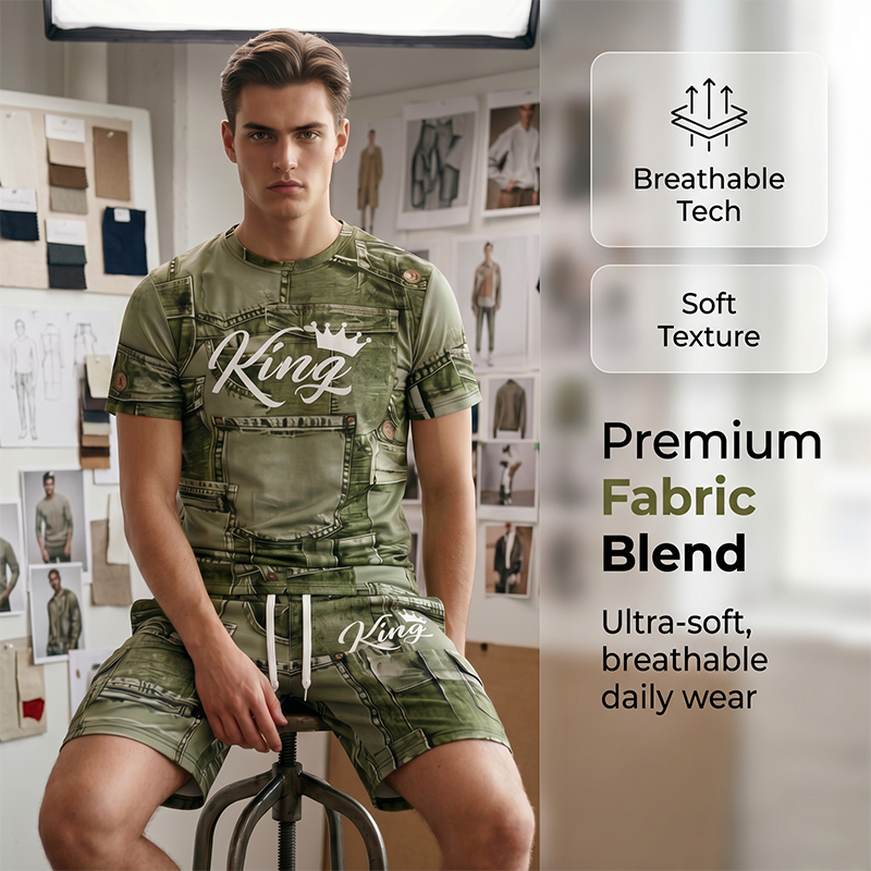 👕🩳🖤 OFFRE LIMITÉE 50% DE RÉDUCTION! Ensemble T-Shirt & Short Imprimé Faux Jean Décontracté pour Homme – Look Jean Classique Sans le Poids, Mélange de Coton Doux – Parfait pour la Détente, les Courses ou les Sorties du Week-end 🌟👟