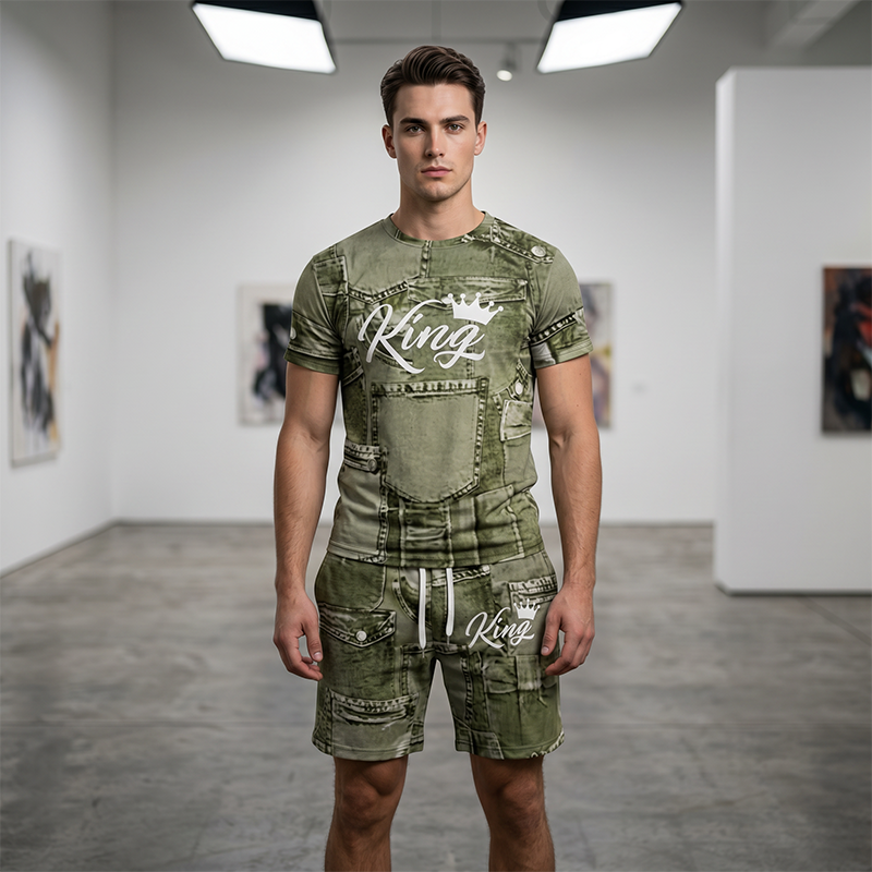 👕🩳🖤 OFFRE LIMITÉE 50% DE RÉDUCTION! Ensemble T-Shirt & Short Imprimé Faux Jean Décontracté pour Homme – Look Jean Classique Sans le Poids, Mélange de Coton Doux – Parfait pour la Détente, les Courses ou les Sorties du Week-end 🌟👟