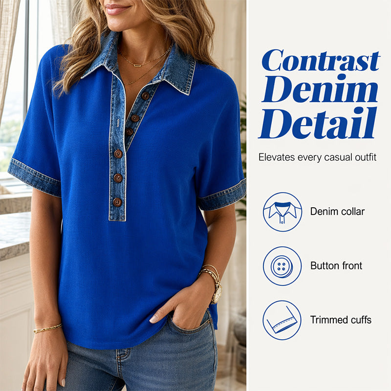 Chemise femme en denim à col en V et manches courtes