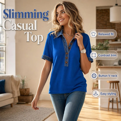 Chemise femme en denim à col en V et manches courtes