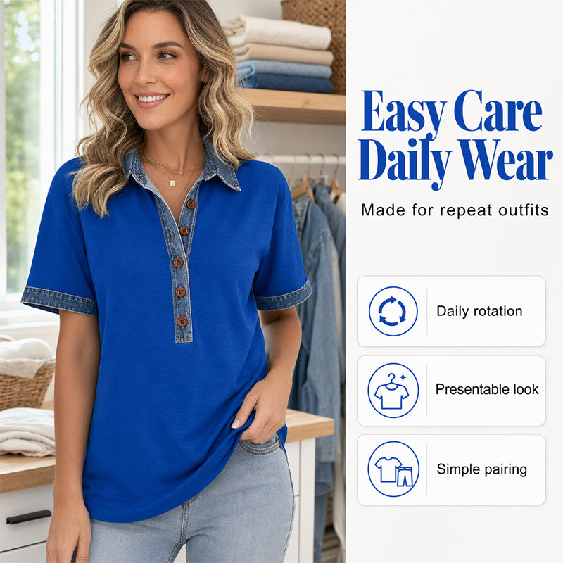 Chemise femme en denim à col en V et manches courtes