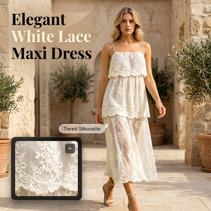 👗 50% DE RÉDUCTION ! ✨ Robe Maxi Élégante en Dentelle Blanche à Bretelles Spaghetti – Dentelle Florale, Silhouette à Volants & Tissu Respirant – Parfaite pour les Mariages et les Soirées d’Été 🌸💍