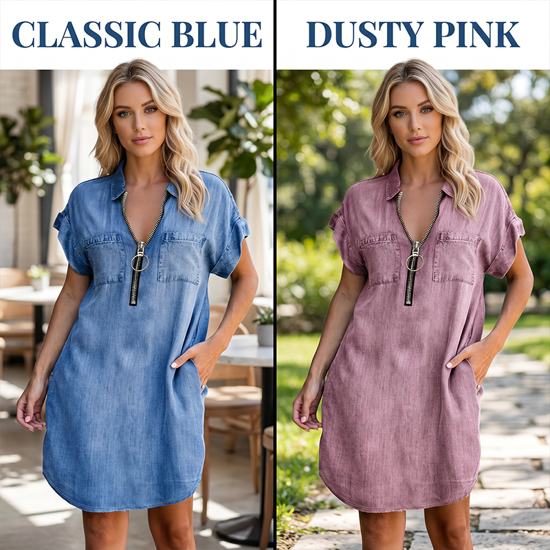 🔥-50%👗 Robe Chemise Jean Femme Décontractée – Col Rabattu Manches Courtes Poches Intégrées🌿 pour le quotidien