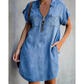 🔥-50%👗 Robe Chemise Jean Femme Décontractée – Col Rabattu Manches Courtes Poches Intégrées🌿 pour le quotidien