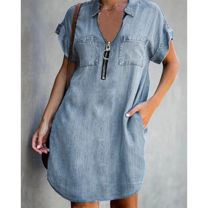 🔥-50%👗 Robe Chemise Jean Femme Décontractée – Col Rabattu Manches Courtes Poches Intégrées🌿 pour le quotidien