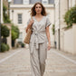 Ensemble femme composé d'un haut décontracté à nouer à la taille et d'un pantalon à jambes larges