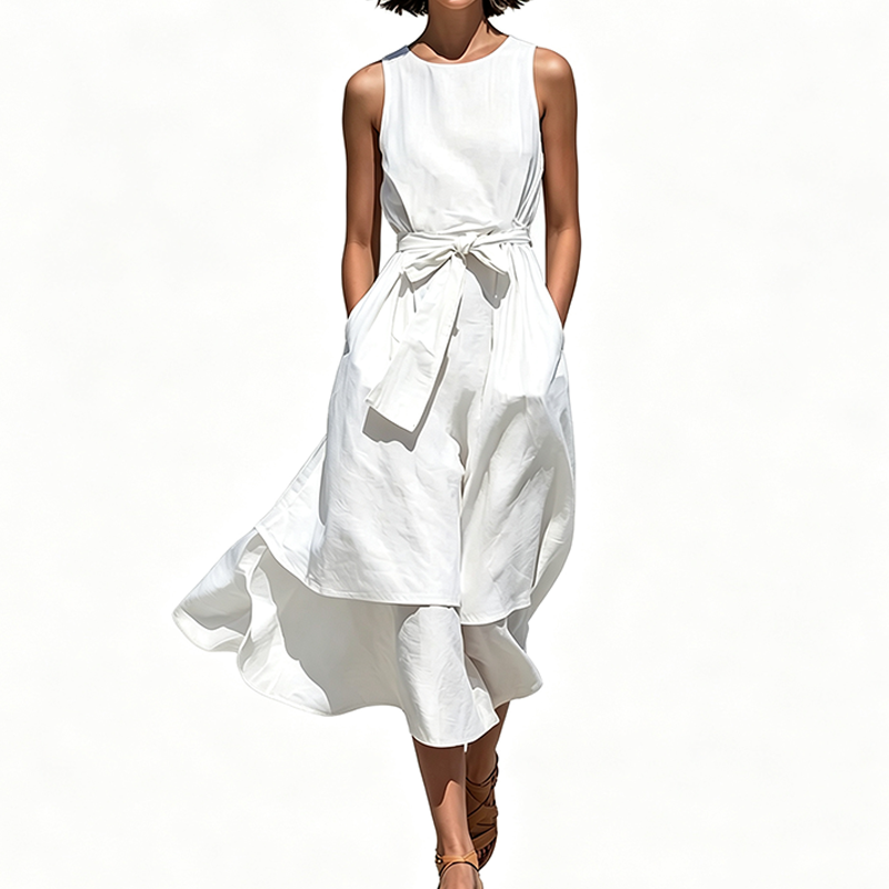 🔥-50%👗 Robe Longue Femme Sans Manches – Ceinture Cravate Taille Haute Coupe Fluide