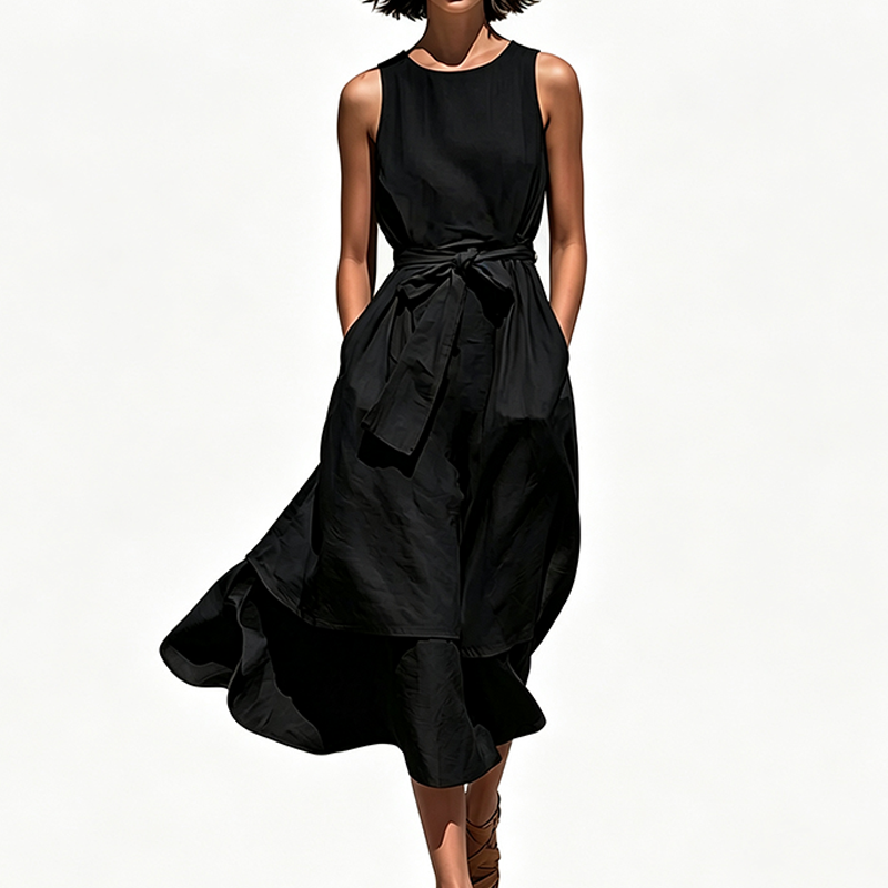 🔥-50%👗 Robe Longue Femme Sans Manches – Ceinture Cravate Taille Haute Coupe Fluide