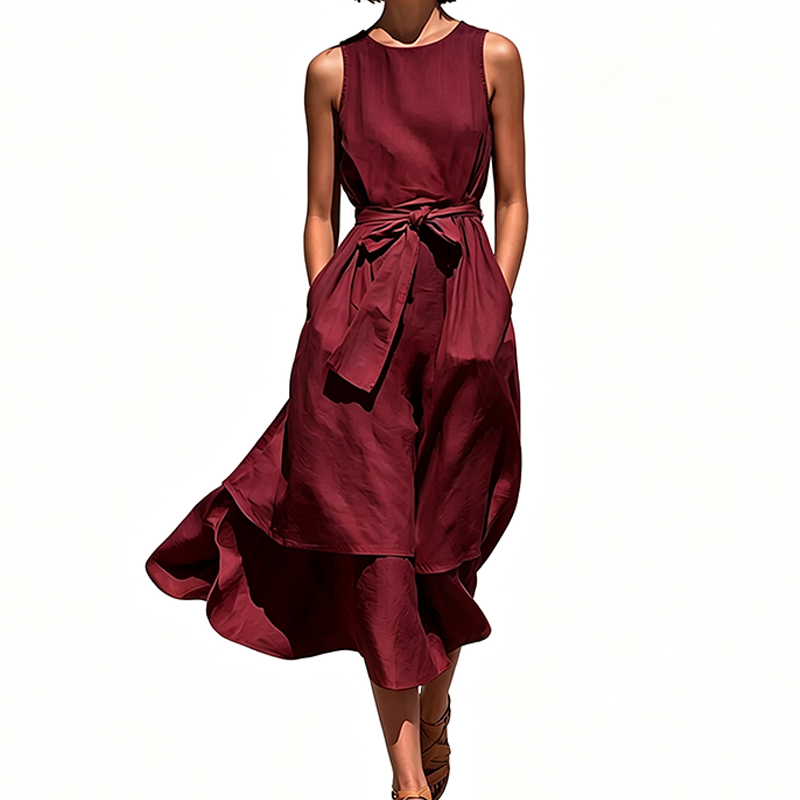 🔥-50%👗 Robe Longue Femme Sans Manches – Ceinture Cravate Taille Haute Coupe Fluide