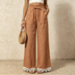 Pantalon pour femme en lin, à jambes larges et bordé de dentelle à l'ourlet
