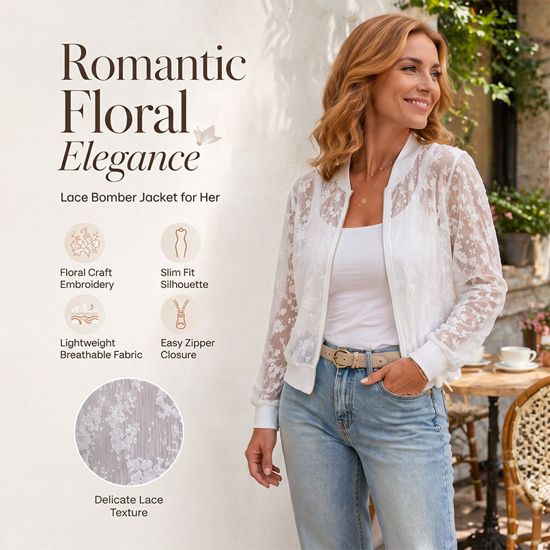 ⌛Offre à durée limitée – Veste de baseball à fermeture éclair en dentelle florale transparente pour femme