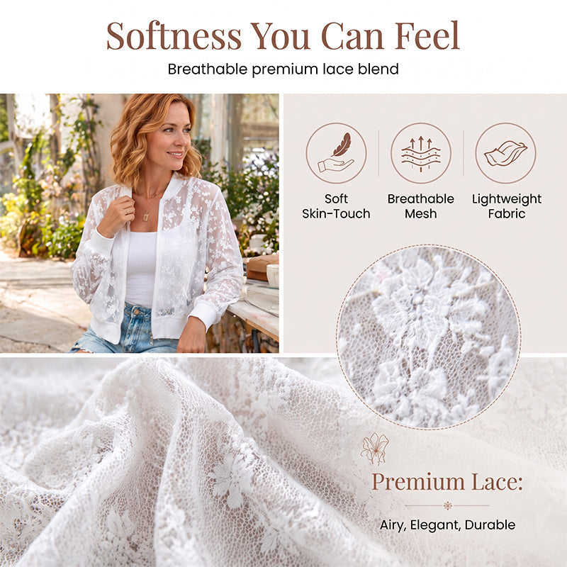 ⌛Offre à durée limitée – Veste de baseball à fermeture éclair en dentelle florale transparente pour femme