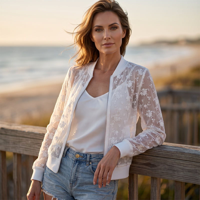 ⌛Offre à durée limitée – Veste de baseball à fermeture éclair en dentelle florale transparente pour femme
