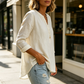 🌿Chemise décontractée à col en V et manches longues, en coton et lin, à boutons
