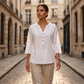 Chemisier décontracté pour femme, col en V et manches 3/4