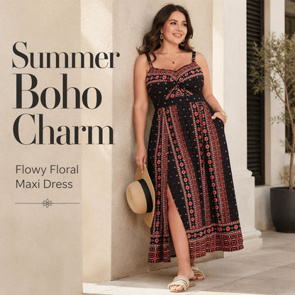 Robe longue bohème à fines bretelles pour femmes grandes tailles